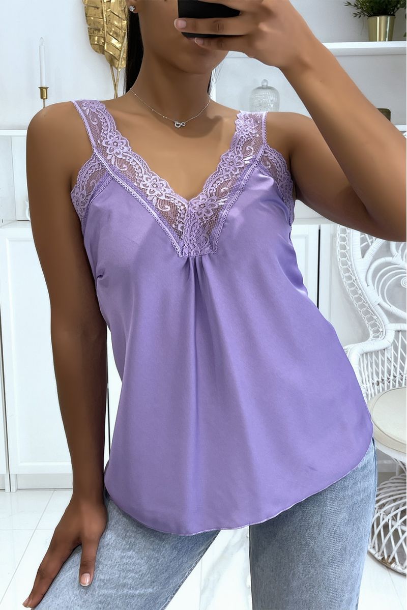 Loose lilac satin V-neck tank top in hyper glamorous lace - 2