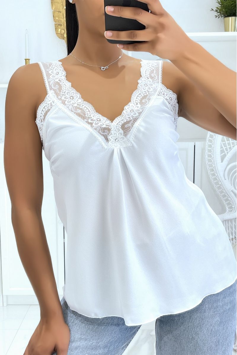 Wide white satin V-neck tank top in hyper glamorous lace - 3