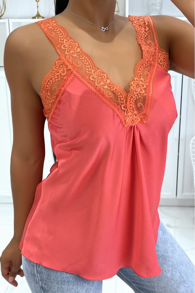 Loose satin coral V-neck tank top in hyper glamorous lace - 1