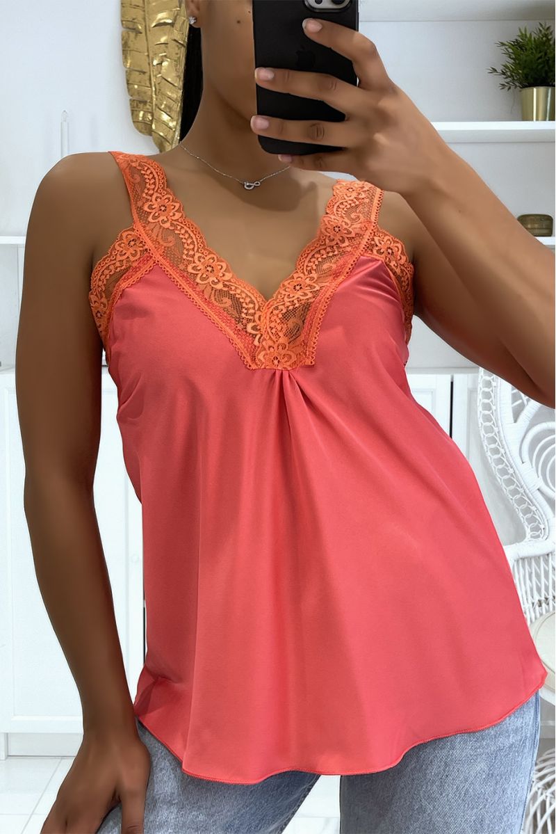 Loose satin coral V-neck tank top in hyper glamorous lace - 2