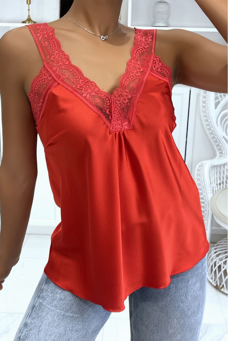 Loose red satin V-neck tank top in hyper glamorous lace - 1