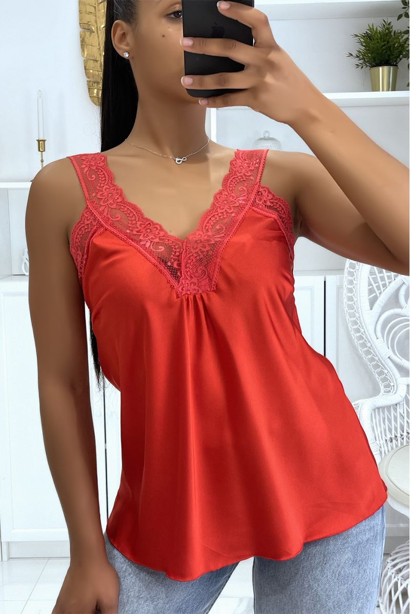 Loose red satin V-neck tank top in hyper glamorous lace - 2