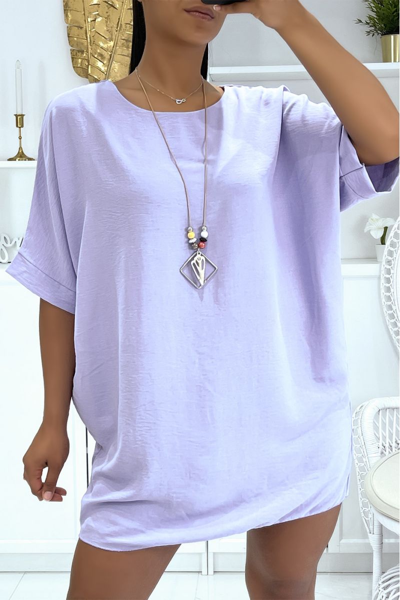 Oversize top / Loose lilac tunic with mid-length sleeves, round neck and pretty bohemian-effect necklace - 4