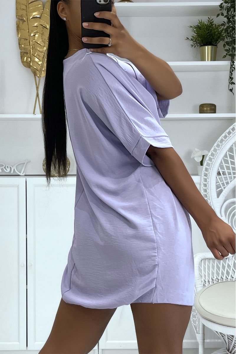 Oversize top / Loose lilac tunic with mid-length sleeves, round neck and pretty bohemian-effect necklace - 5