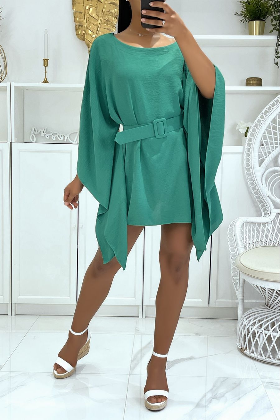 Groene tuniek met ceintuur en super trendy vleermuismouwen - 4