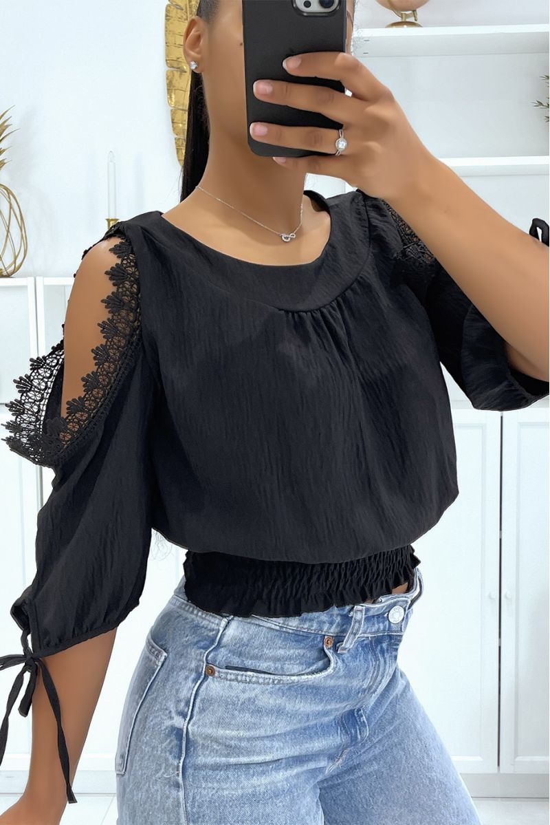 Black crop top elastic at the waist round neck and long sleeves with bare shoulders - 1