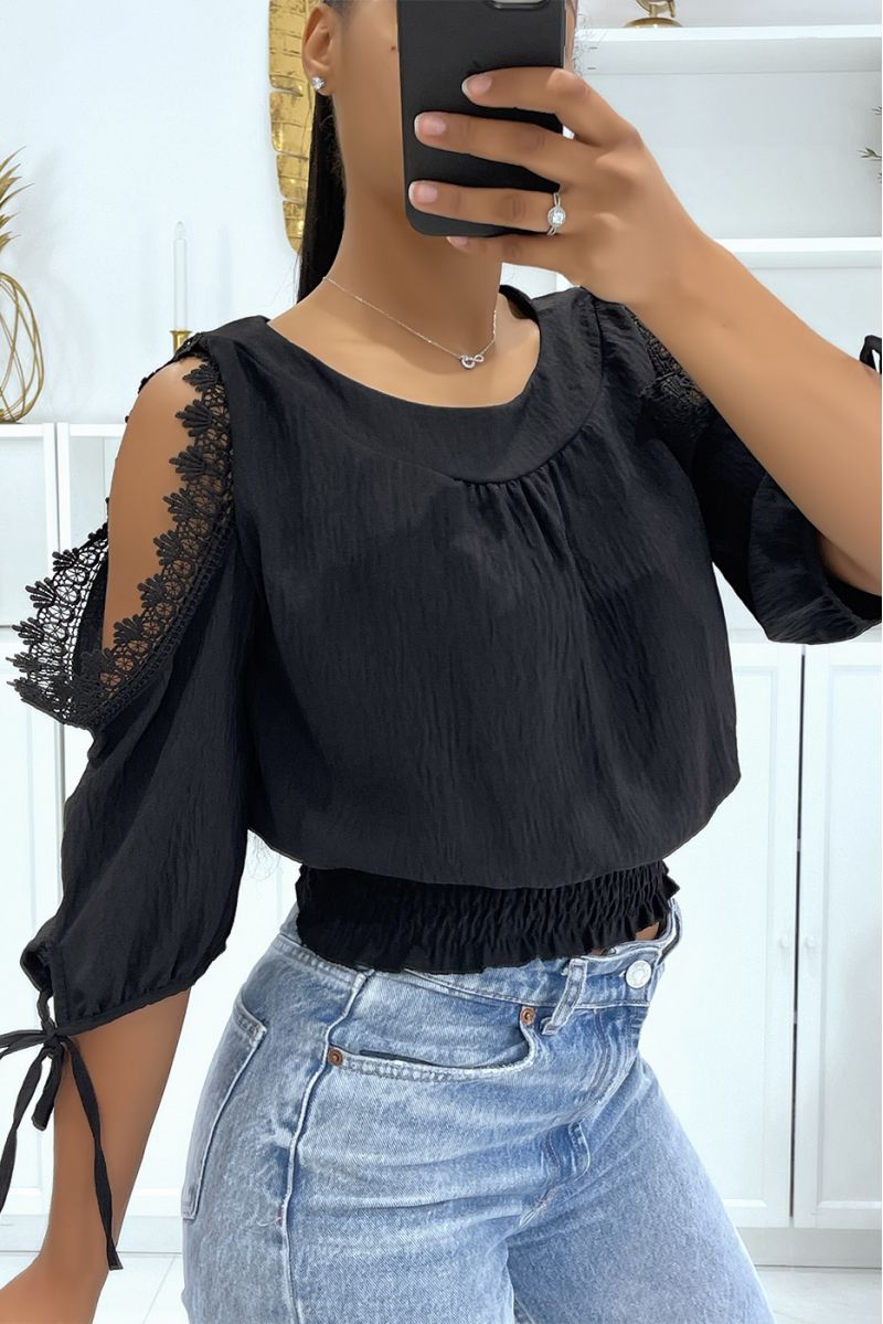 Black crop top elastic at the waist round neck and long sleeves with bare shoulders - 2