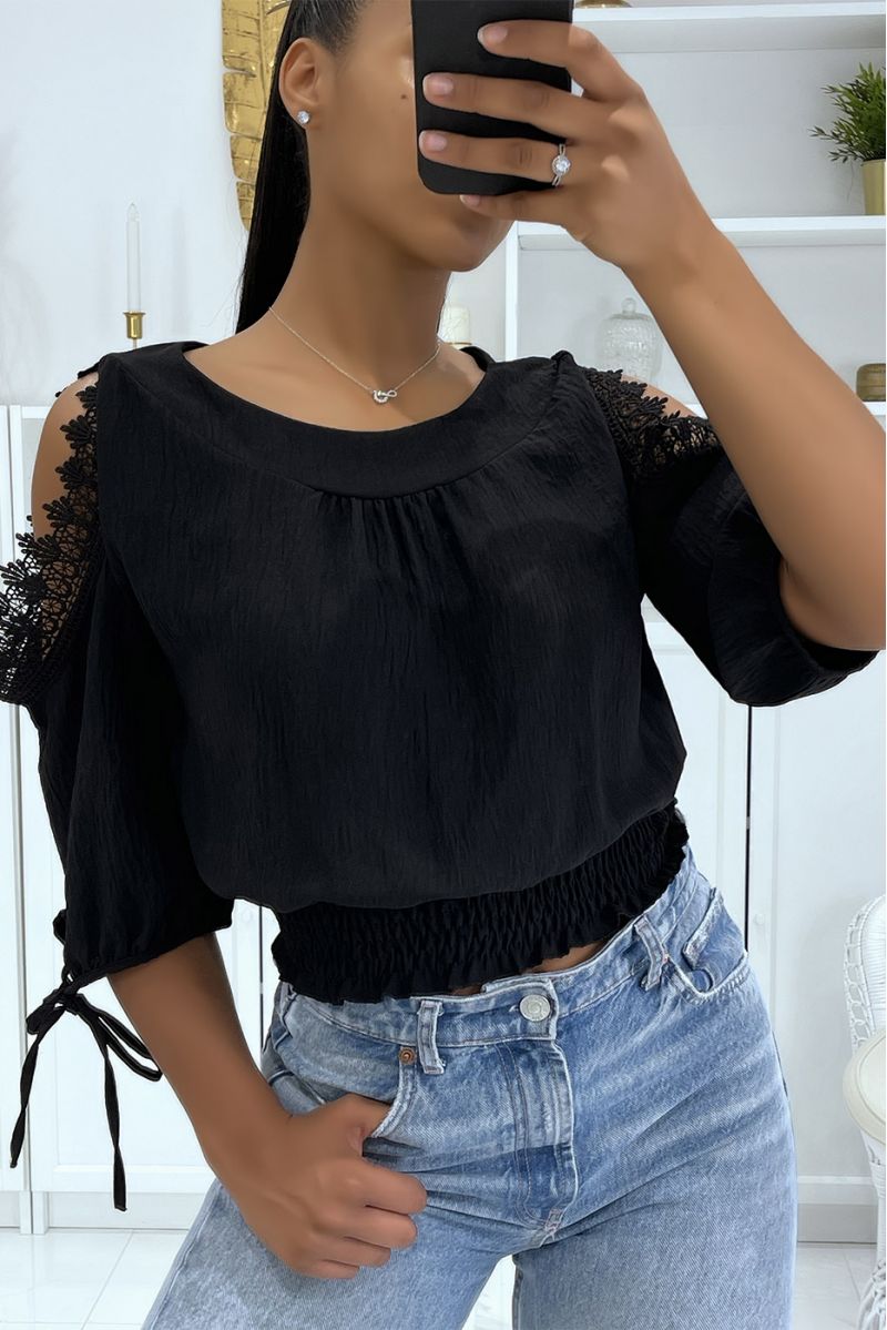 Black crop top elastic at the waist round neck and long sleeves with bare shoulders - 3