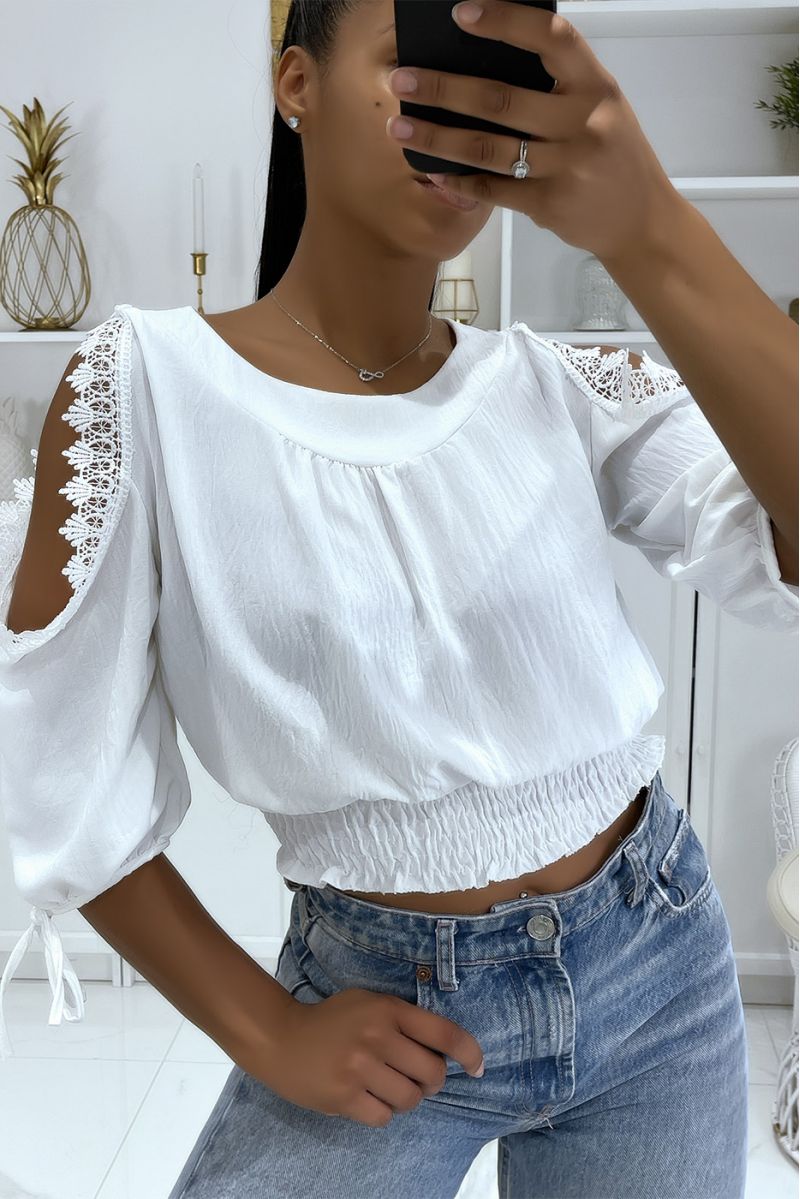 White crop top elastic at the waist round neck and long sleeves with bare shoulders - 2