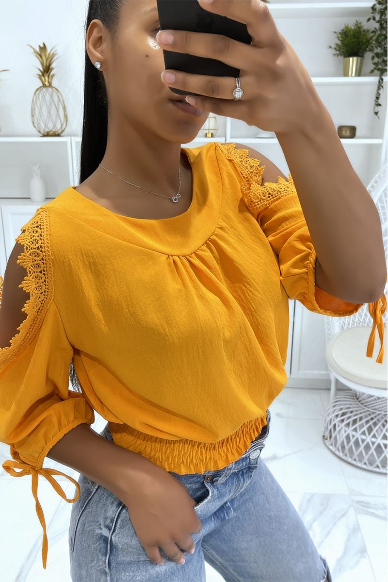 Orange crop top elastic at the waist round neck and long sleeves with bare shoulders - 1