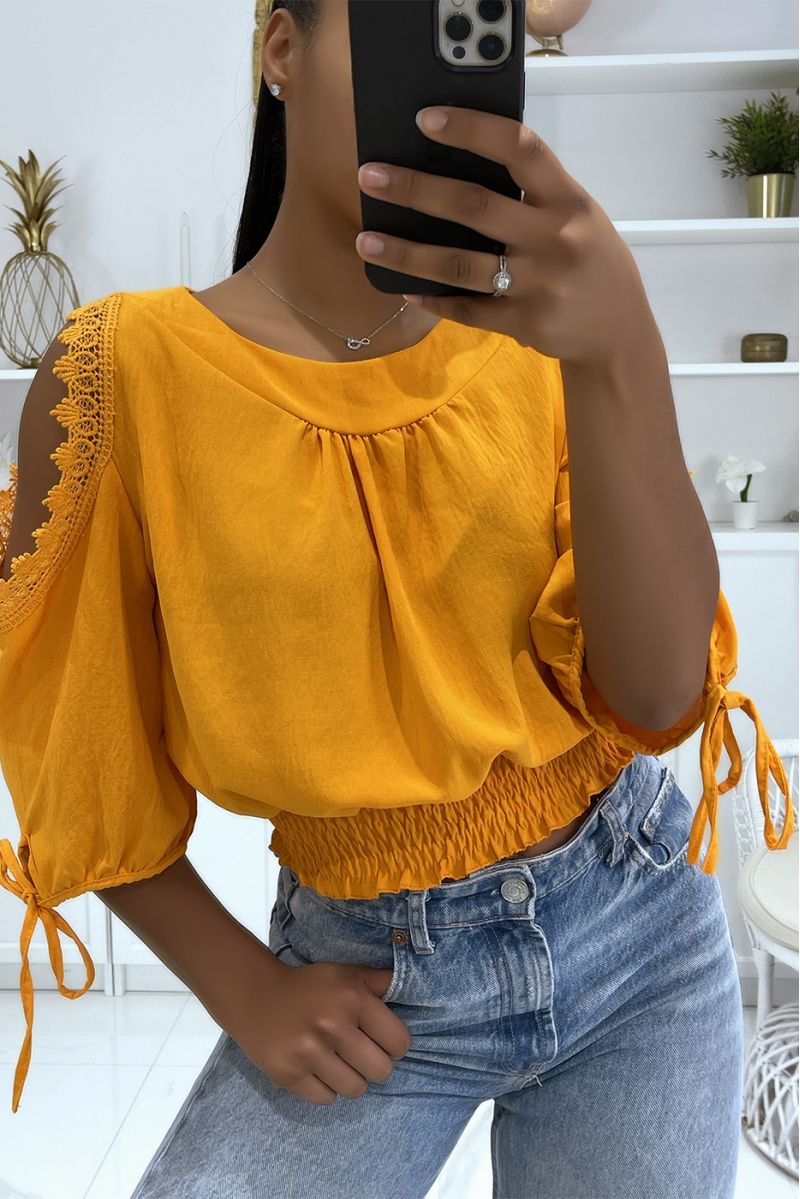 Orange crop top elastic at the waist round neck and long sleeves with bare shoulders - 2