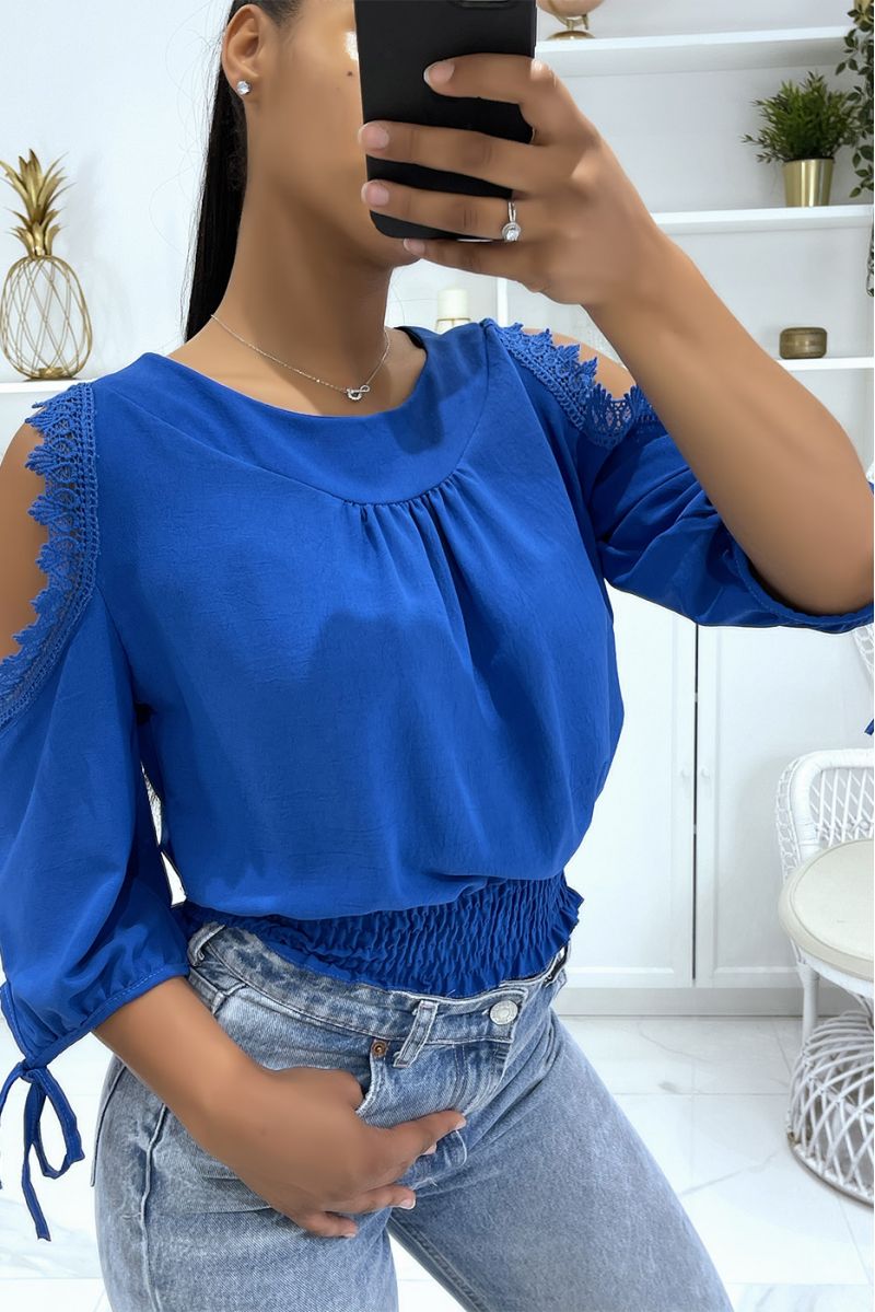 Royal crop top with elastic waist, round neck and long sleeves, off the shoulder - 1
