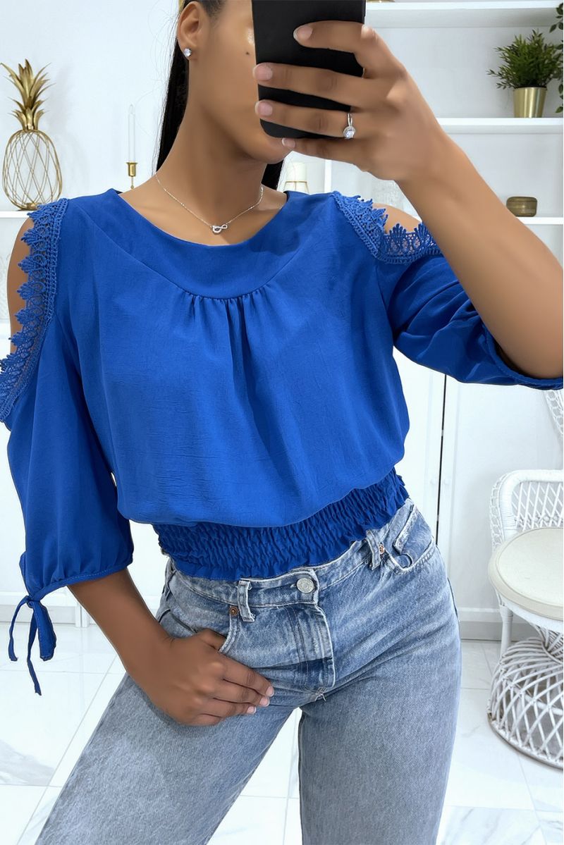 Royal crop top with elastic waist, round neck and long sleeves, off the shoulder - 2