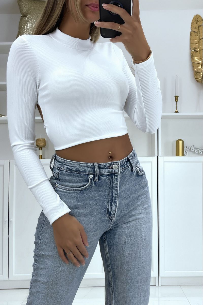 Witte geribbelde, hoge hals en lange mouw, veterloze crop top zonder rug - 1