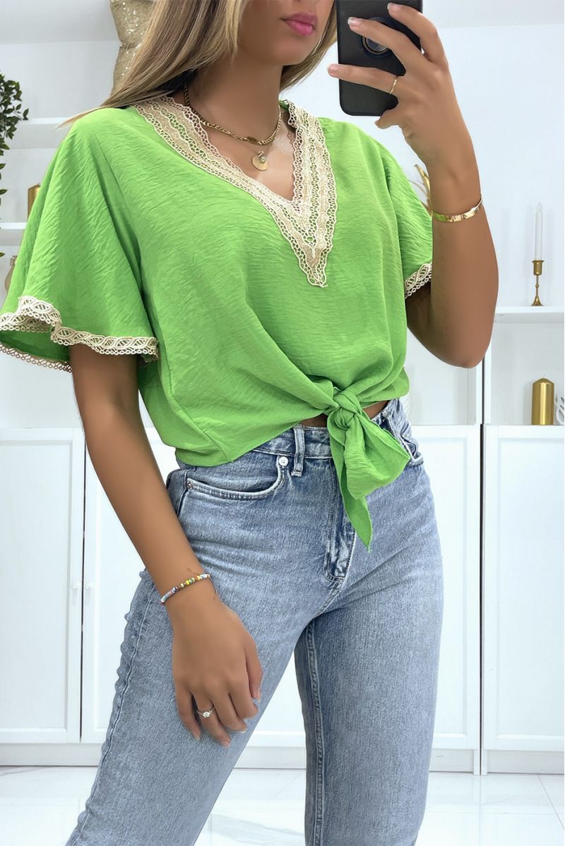 Anise green half-sleeved top with oriental-style golden thread details - 3