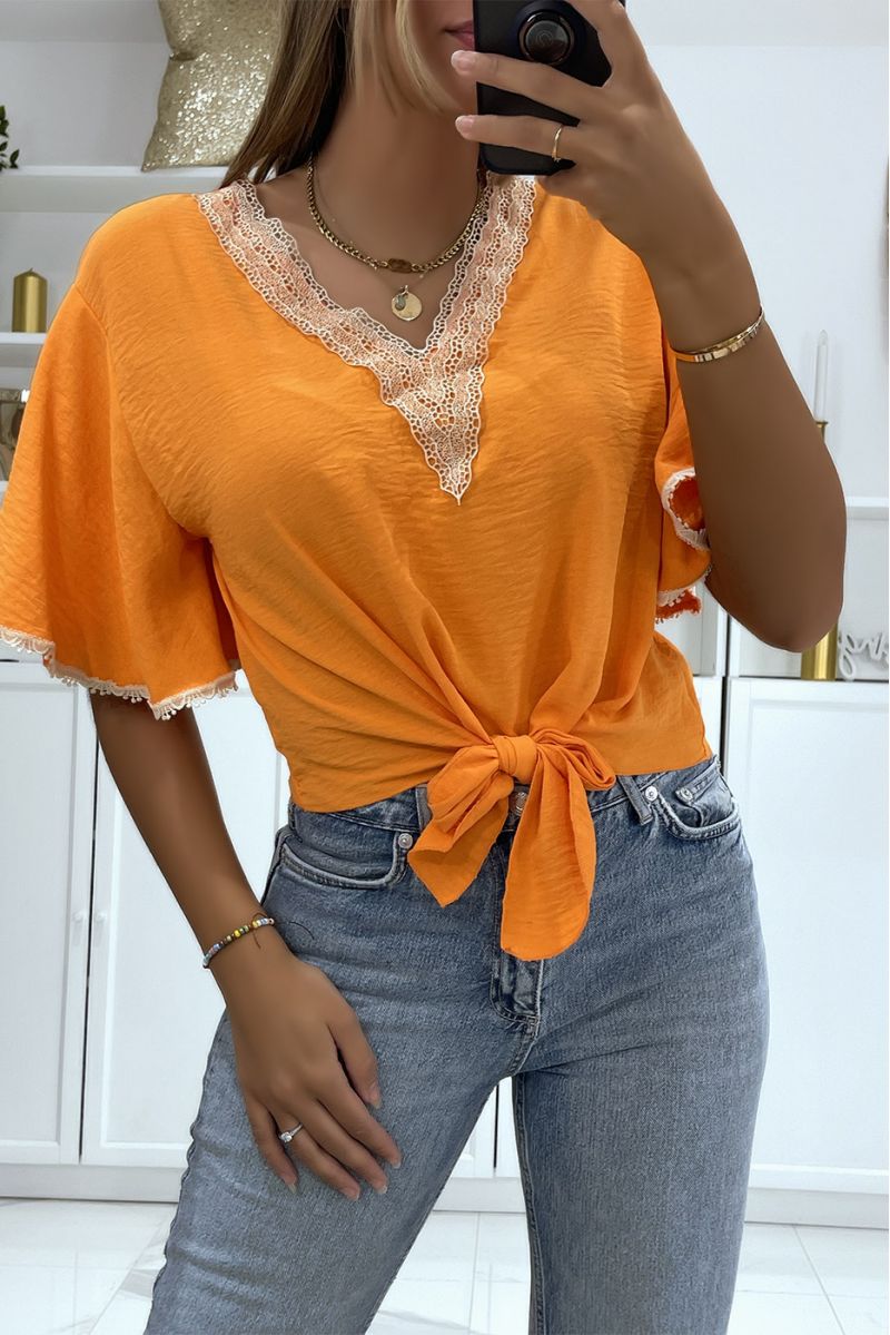 Top à manches mi-longues orange et détails au fil dorée style orient - 1
