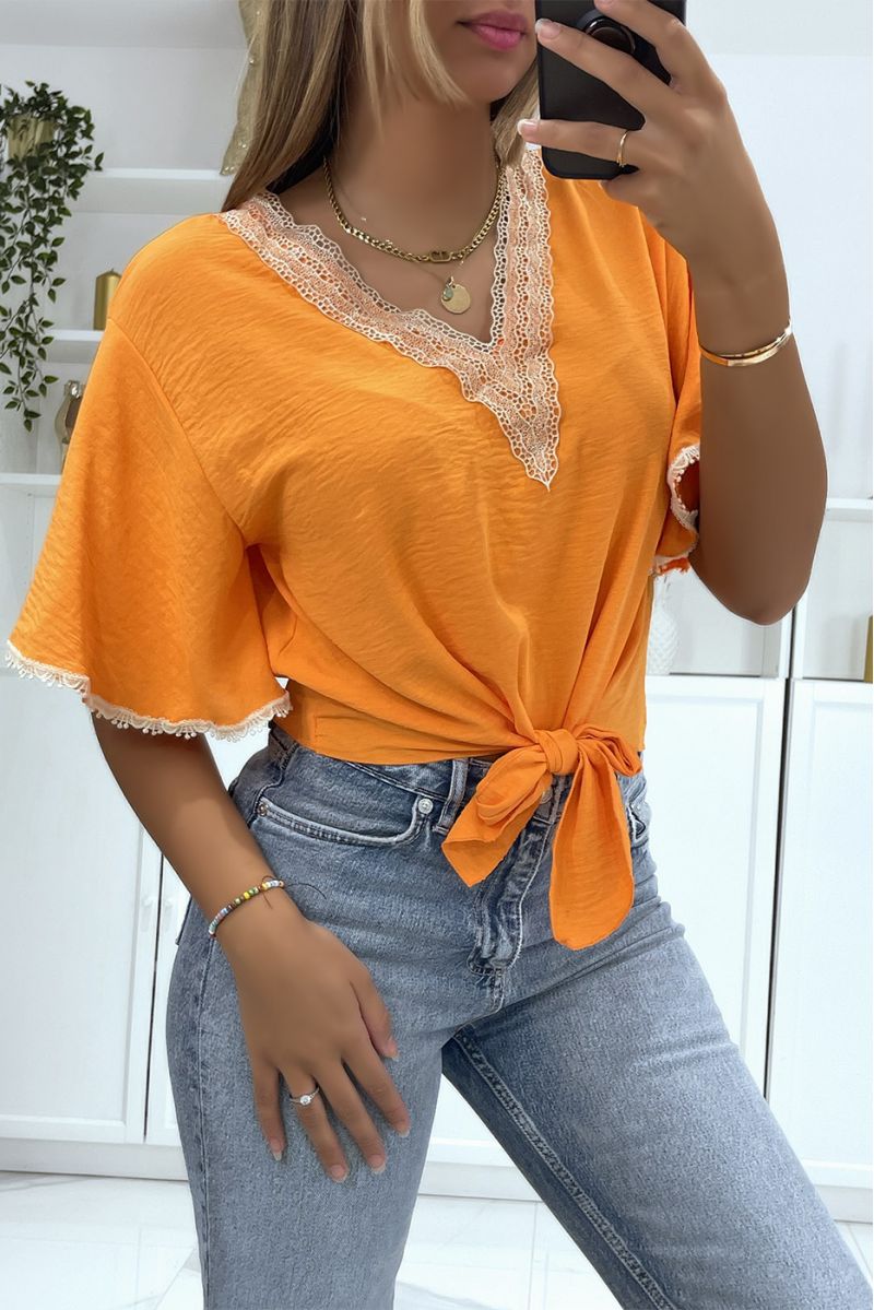 Top à manches mi-longues orange et détails au fil dorée style orient - 2