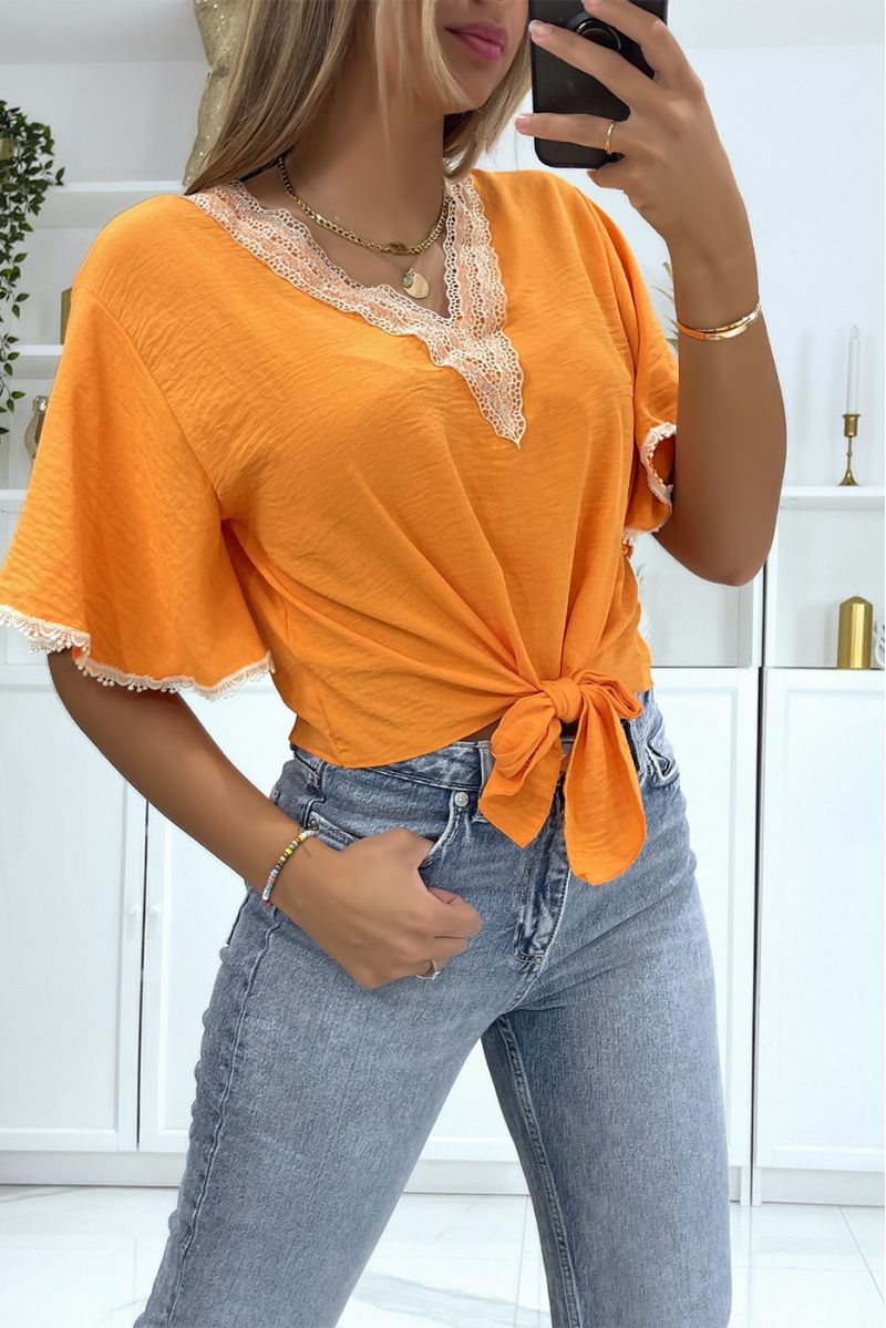 Top à manches mi-longues orange et détails au fil dorée style orient - 3