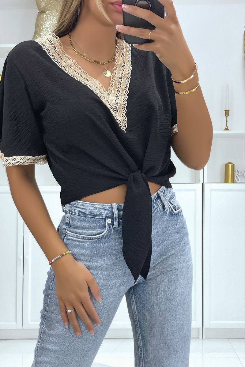 Black half-sleeved top with golden thread details, oriental style - 1
