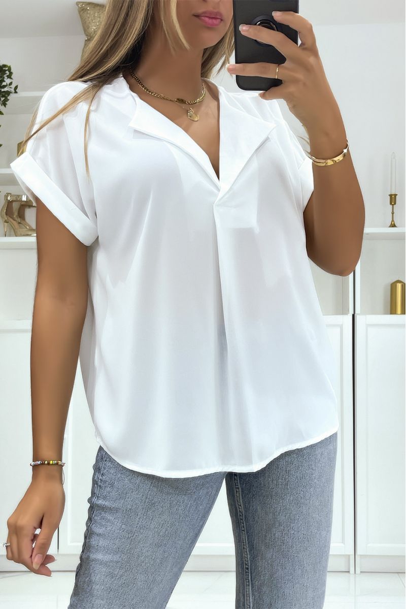 Simple and chic short-sleeved white top with lapel collar - 1