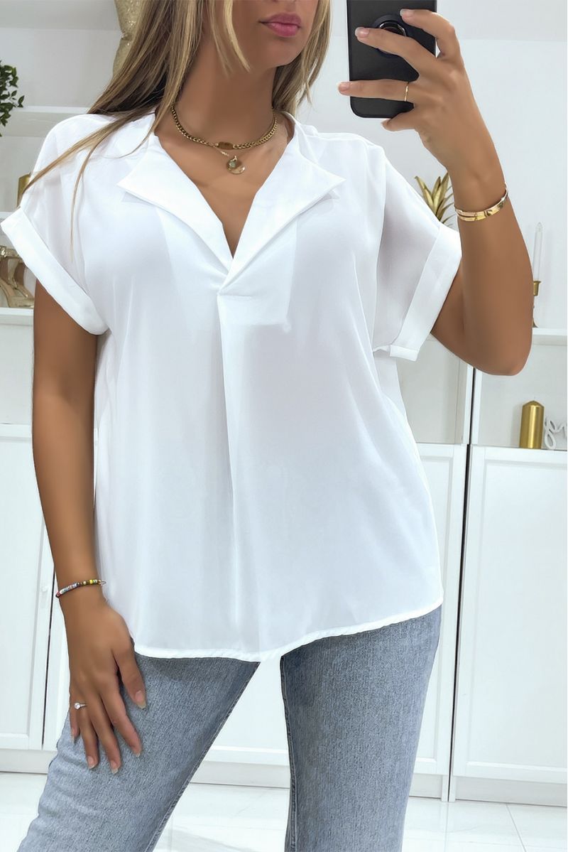 Simple and chic short-sleeved white top with lapel collar - 2