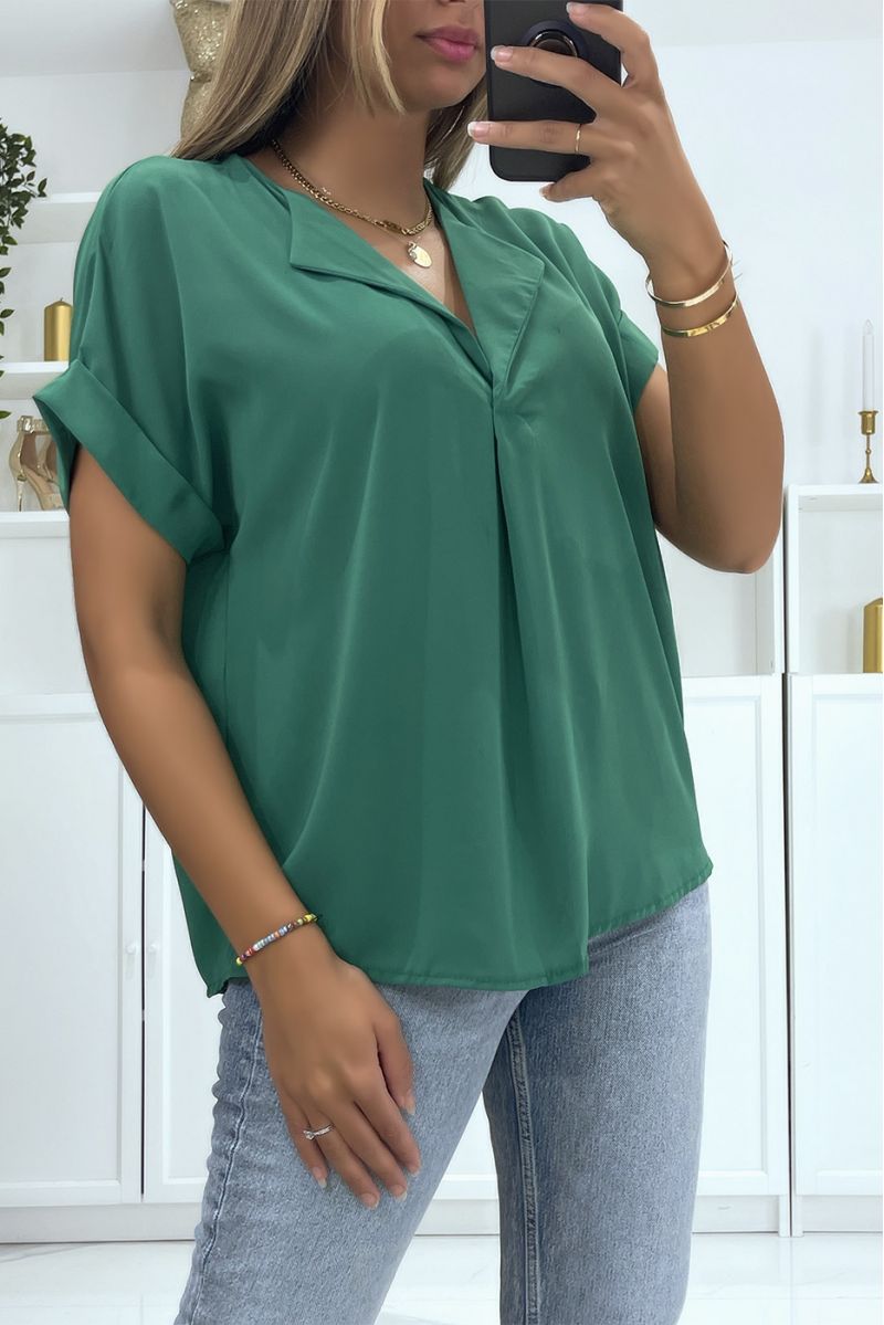 Short-sleeved green top with simple and chic lapel collar - 1
