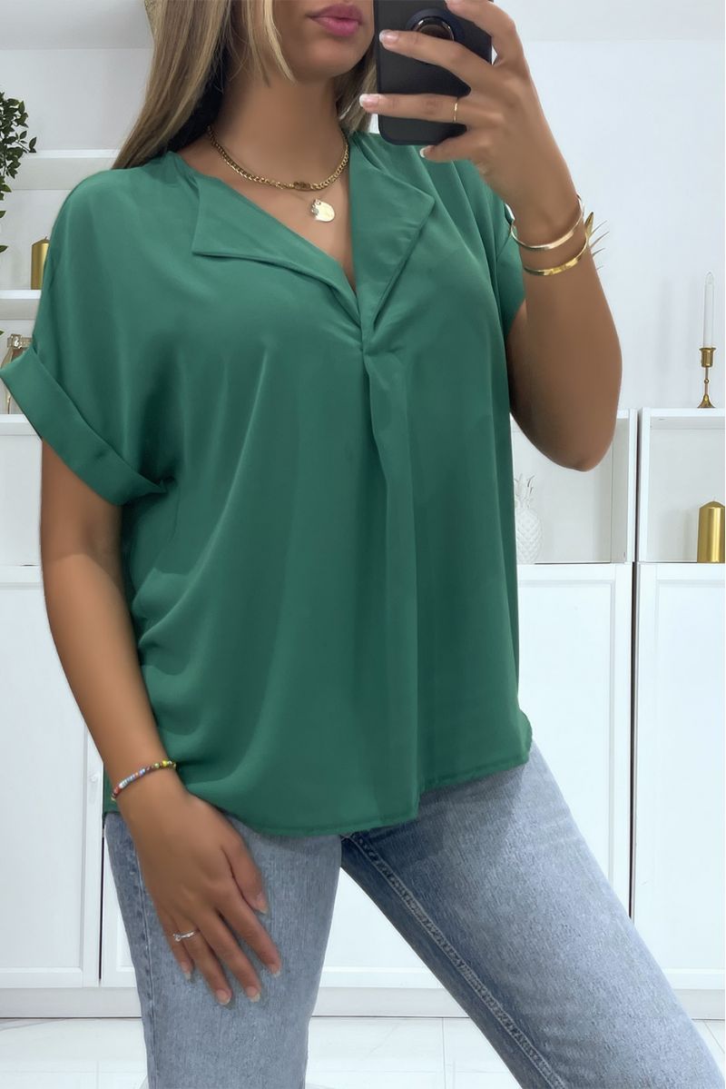 Short-sleeved green top with simple and chic lapel collar - 2
