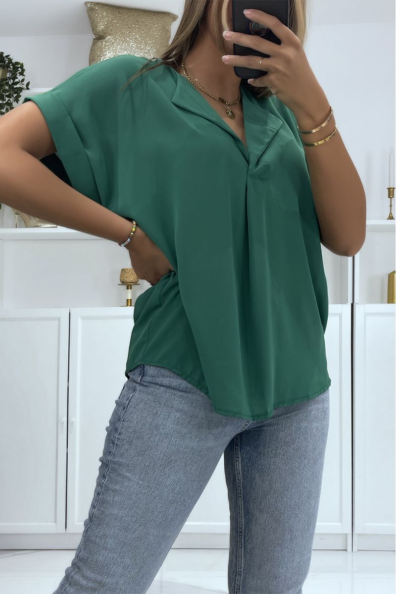 Short-sleeved green top with simple and chic lapel collar - 3