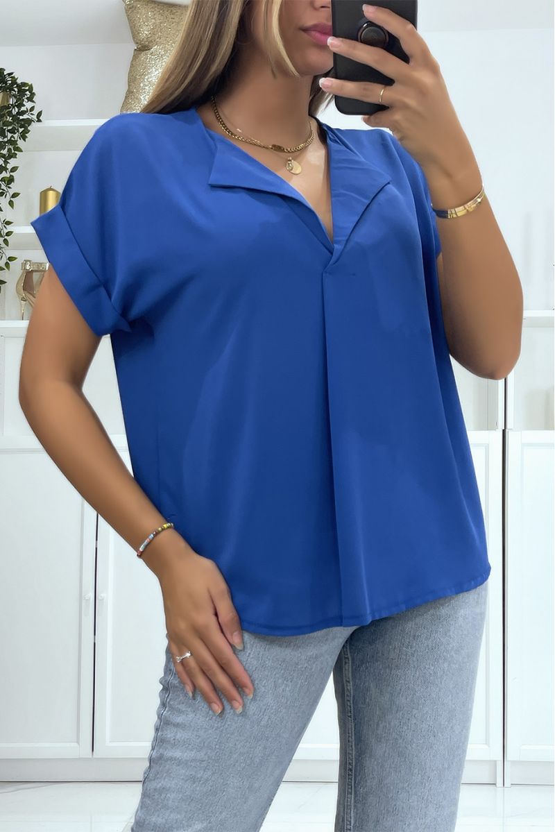 Short-sleeved royal top with simple and chic lapel collar - 1