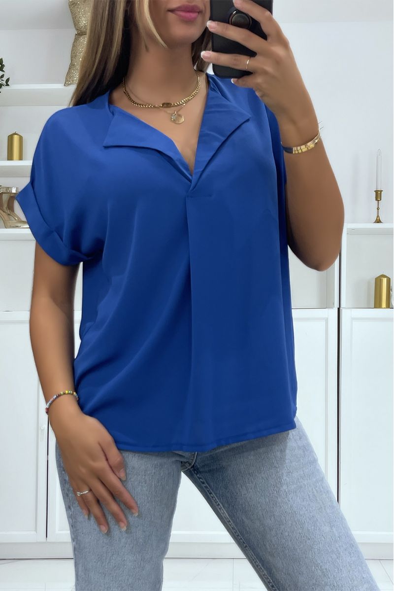 Short-sleeved royal top with simple and chic lapel collar - 2