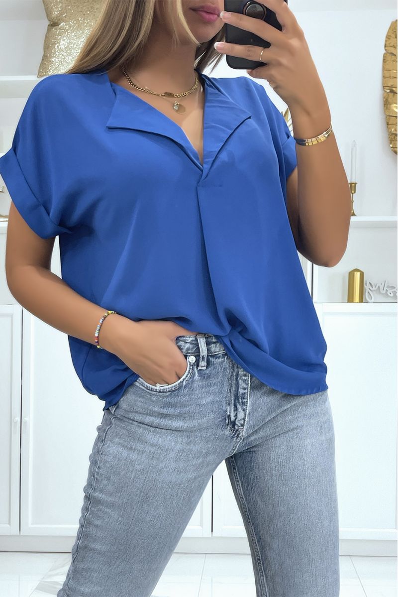 Short-sleeved royal top with simple and chic lapel collar - 3