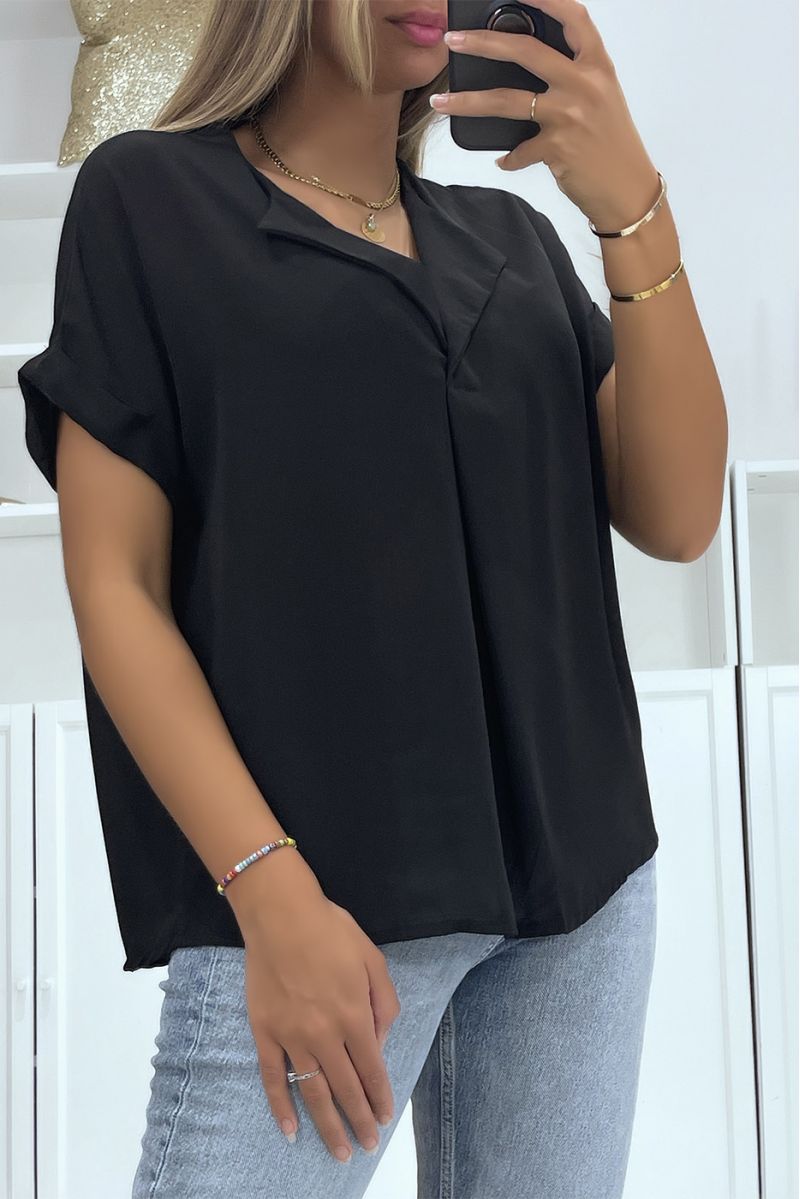 Simple and chic short-sleeved black top with lapel collar - 1