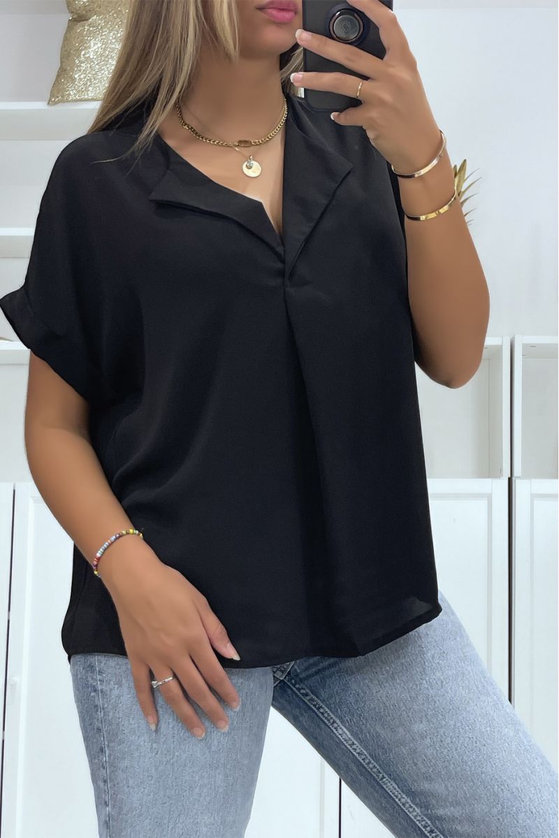 Simple and chic short-sleeved black top with lapel collar - 2