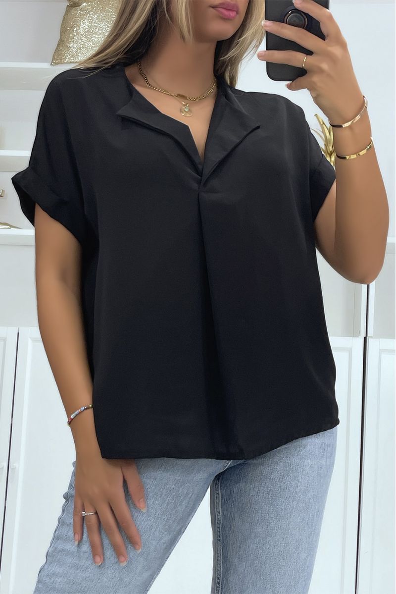 Simple and chic short-sleeved black top with lapel collar - 3