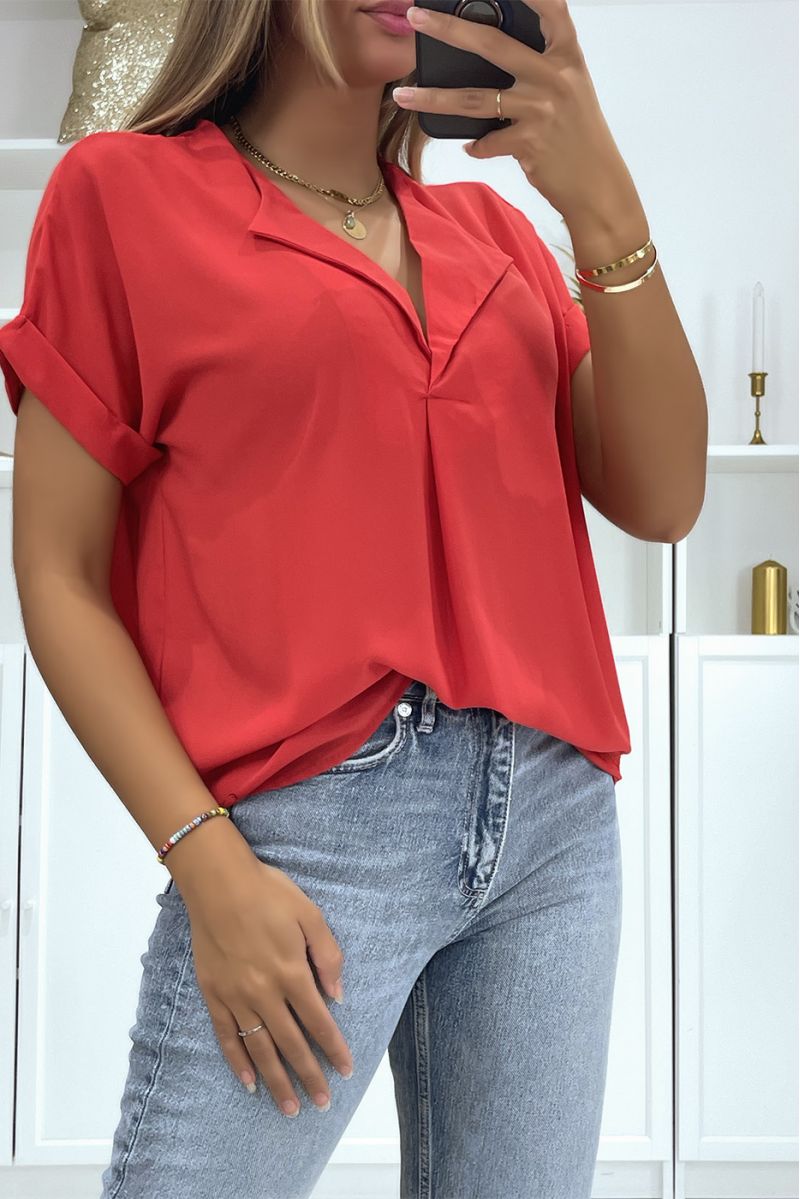 Short-sleeved red top with simple and chic lapel collar - 1
