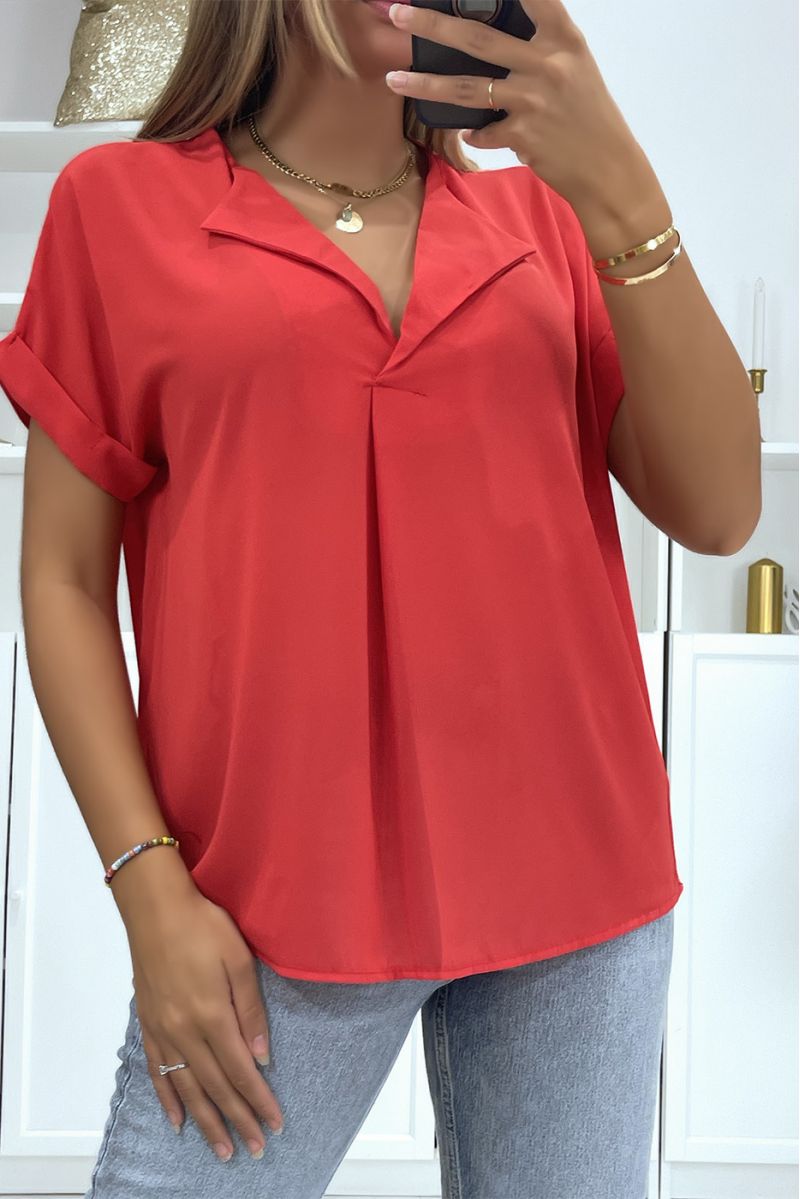 Short-sleeved red top with simple and chic lapel collar - 2