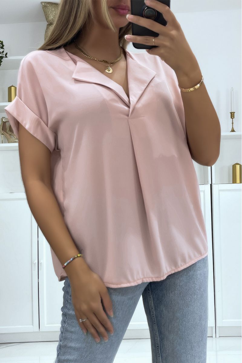 Top rose manches courtes et col à revers simple et chic - 1