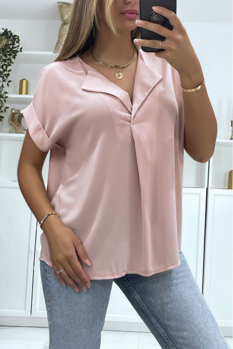 Top rose manches courtes et col à revers simple et chic - 2