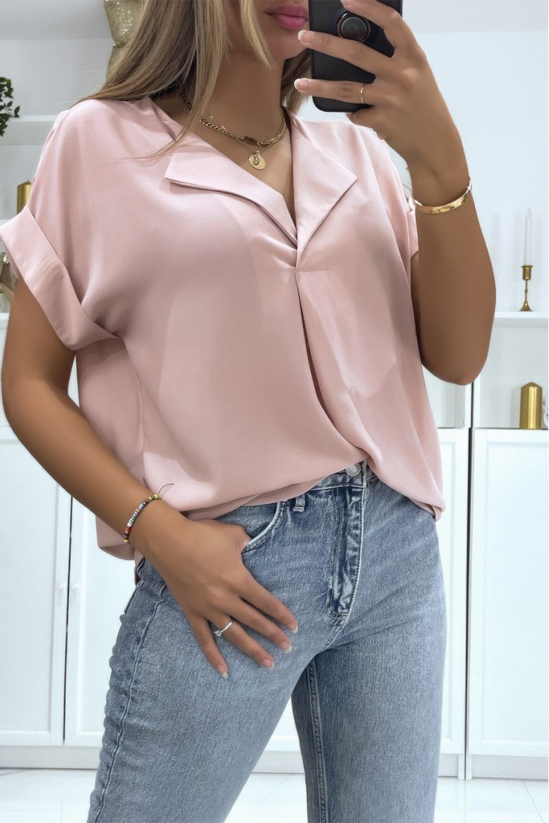 Top rose manches courtes et col à revers simple et chic - 3