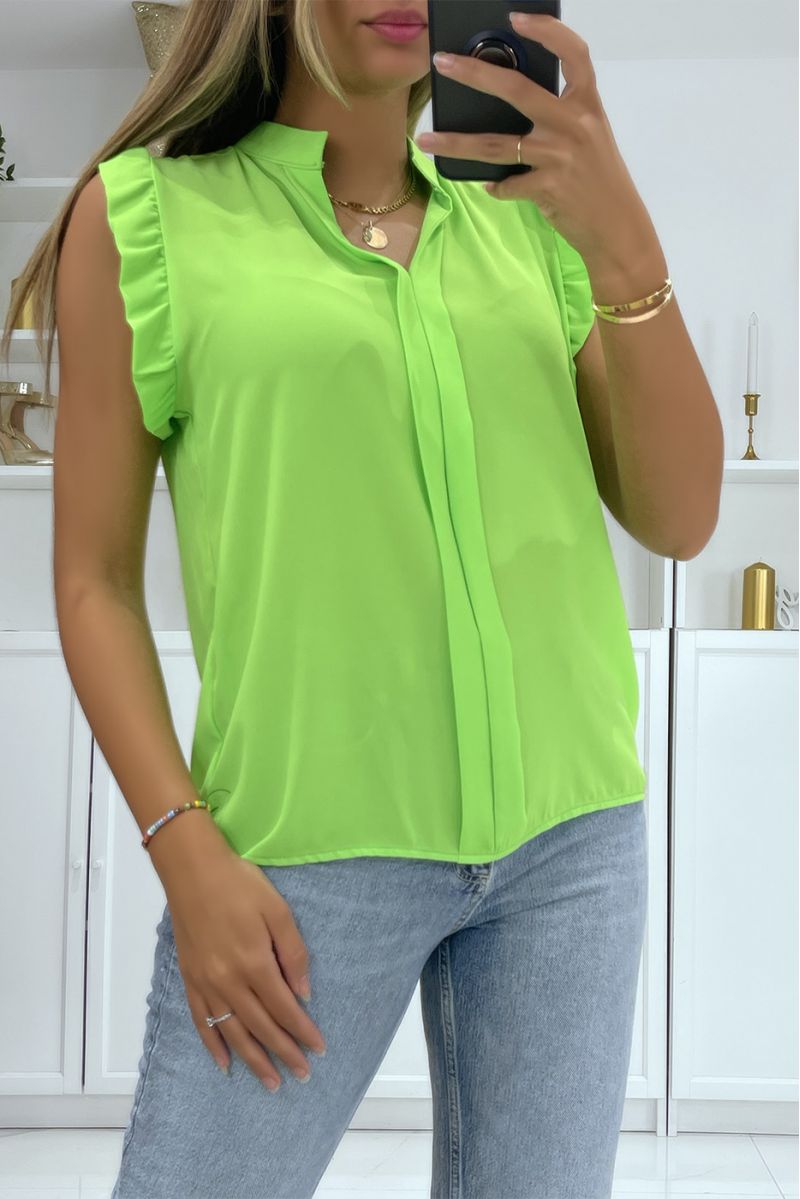 Anise green transparent voile top with band in the center of the top and V-neck - 1