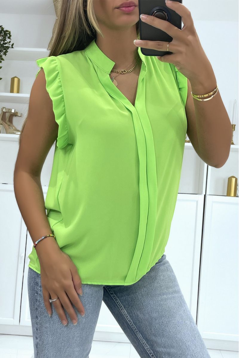 Anise green transparent voile top with band in the center of the top and V-neck - 2