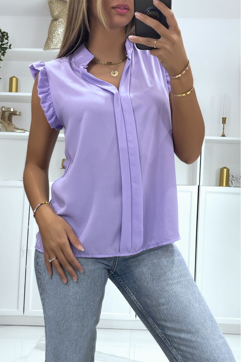 Top en voile transparent lilas avec bande au centre du top et col V - 2