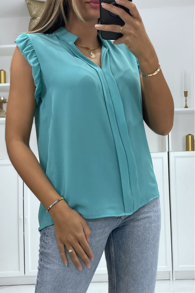 Water green transparent veil top with band in the center of the top and V-neck - 1