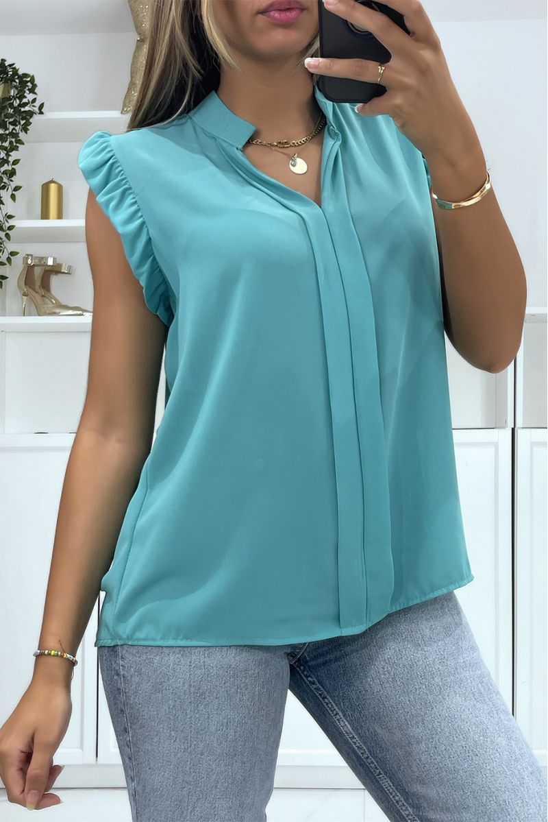 Water green transparent veil top with band in the center of the top and V-neck - 2