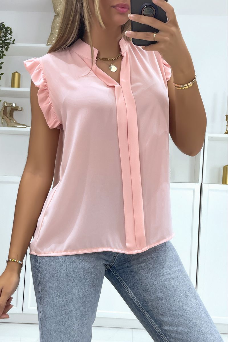 Top in transparent pink veil with band in the center of the top and V-neck - 2