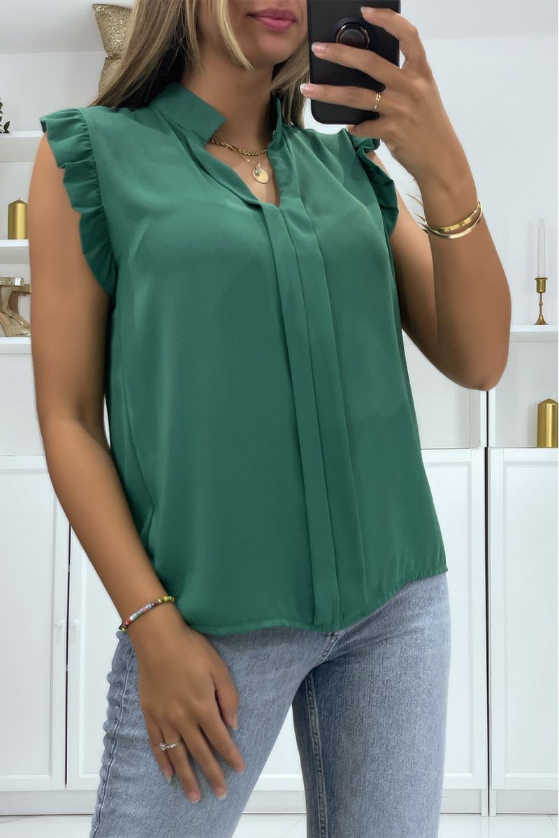 Top in transparent green veil with band in the center of the top and V-neck - 1