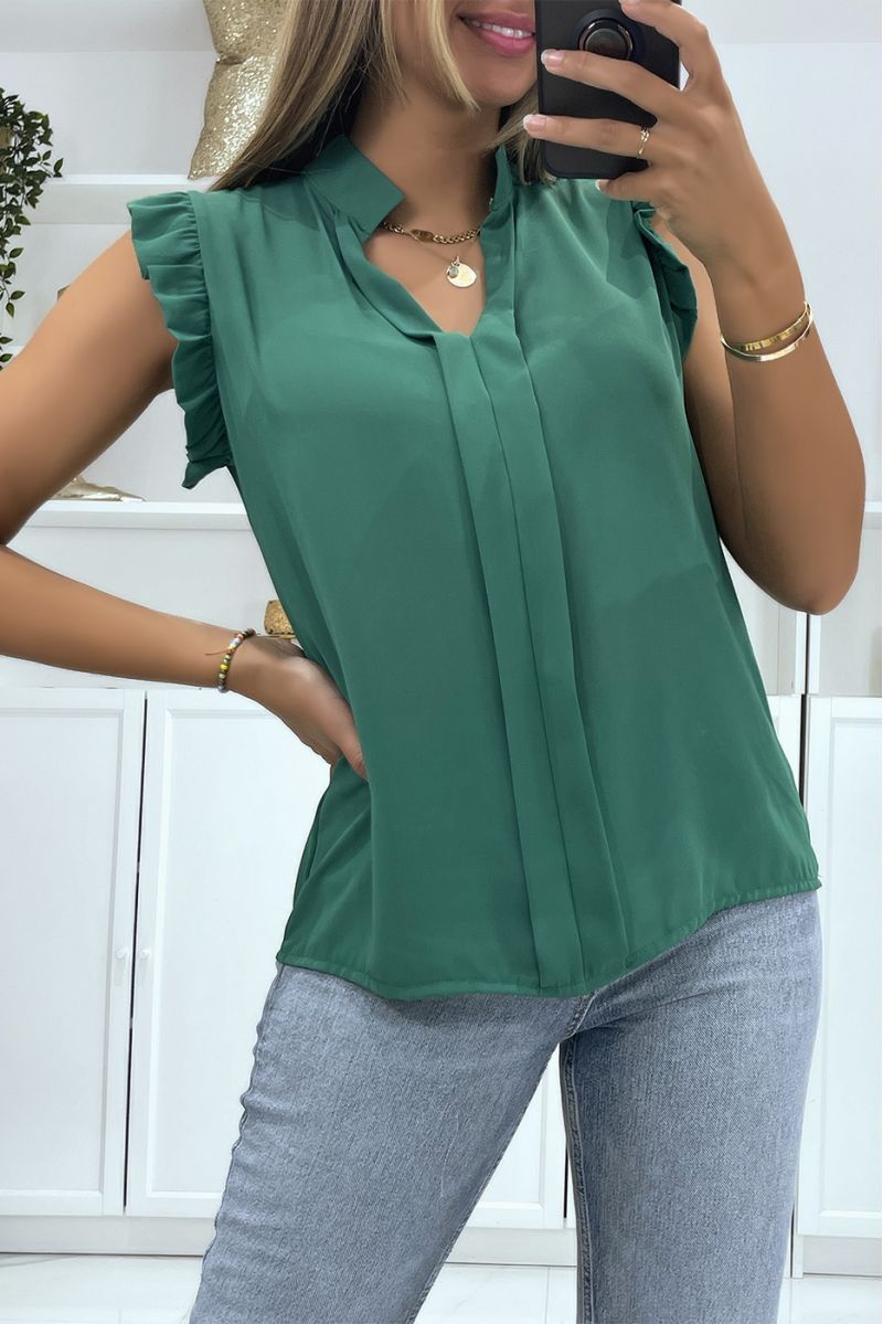 Top in transparent green veil with band in the center of the top and V-neck - 2