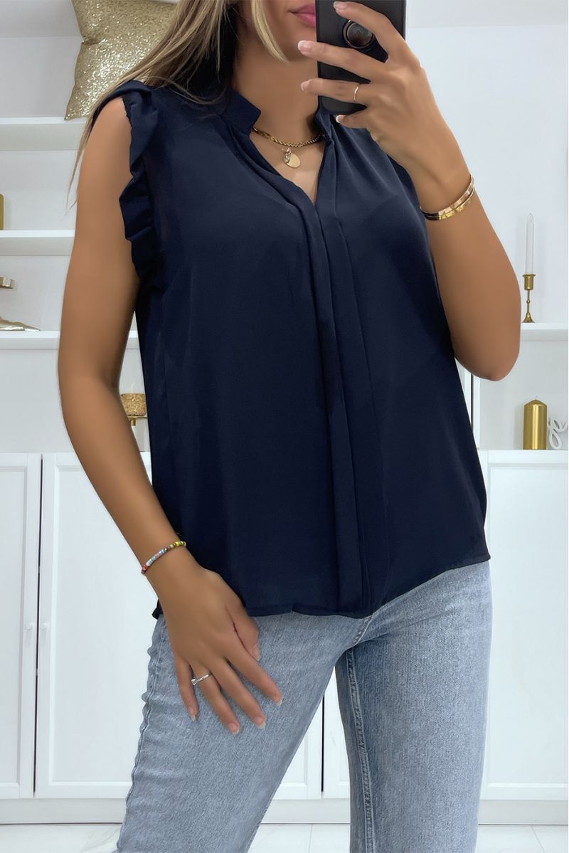 Top in transparent navy veil with band in the center of the top and V-neck - 1