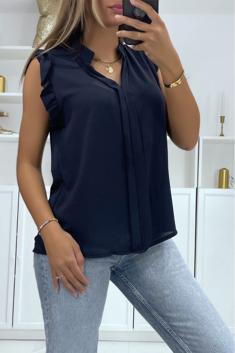Top in transparent navy veil with band in the center of the top and V-neck - 2