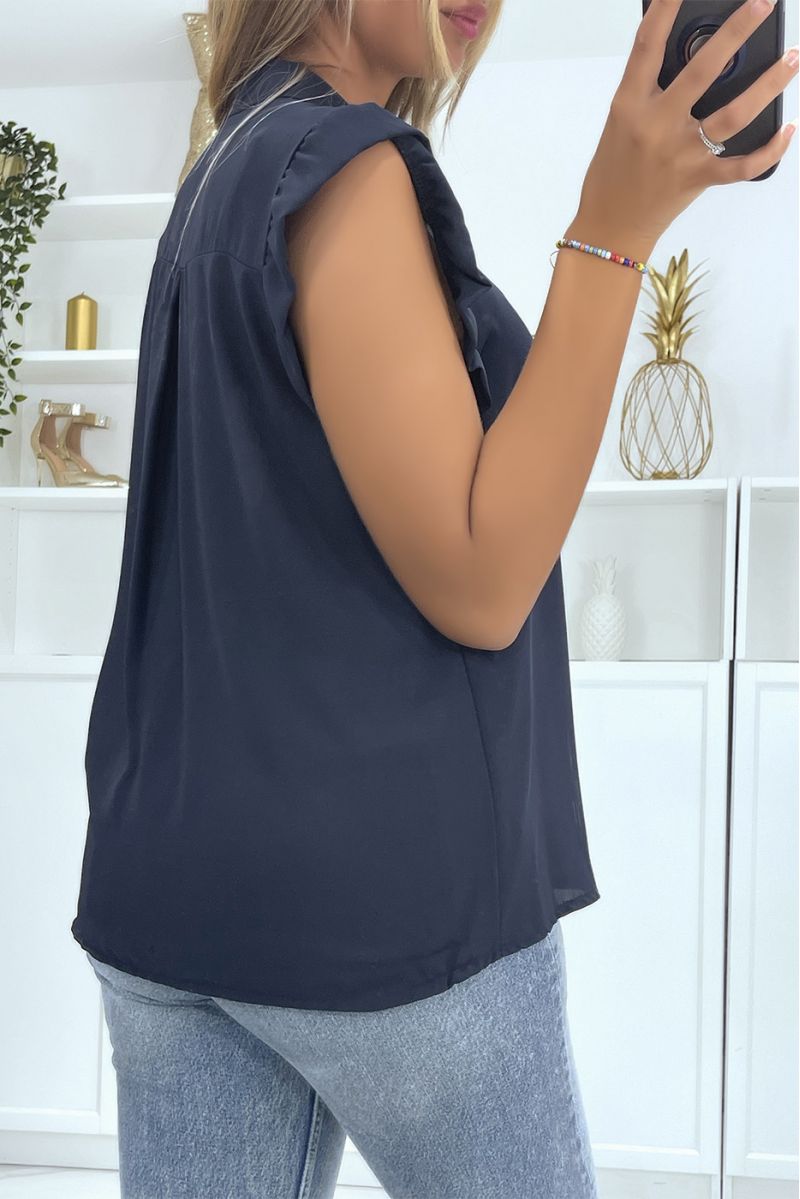 Top in transparent navy veil with band in the center of the top and V-neck - 3